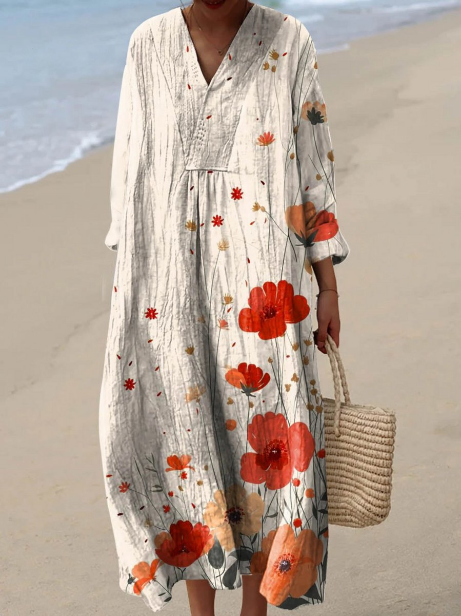 Women's Floral Print Long Sleeve Oversized Dress V-Neck Midi - Multicolor