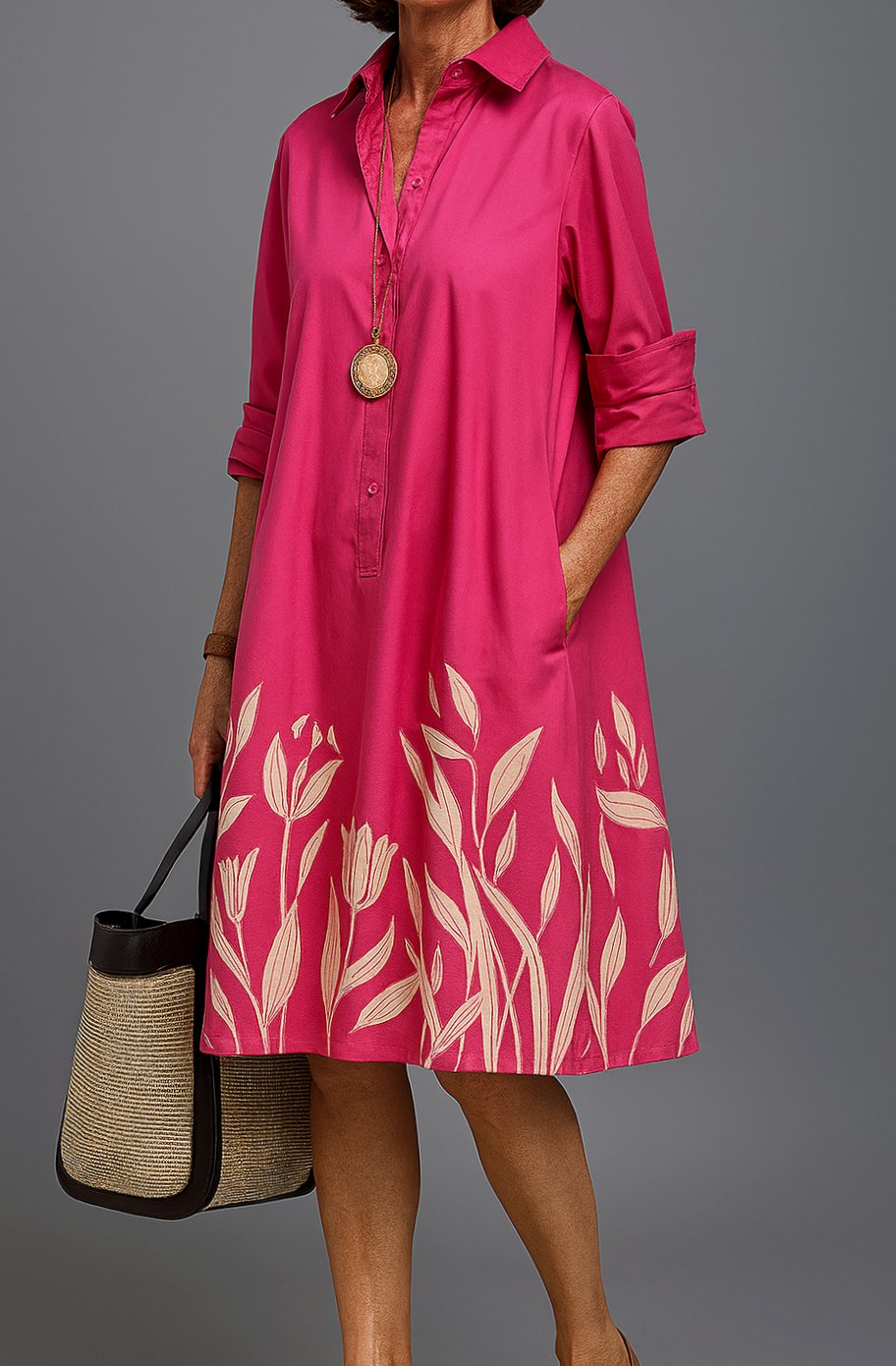 Women's Floral Print Oversized Dress Relaxed A-Line Midi Shirt Dress - Pink