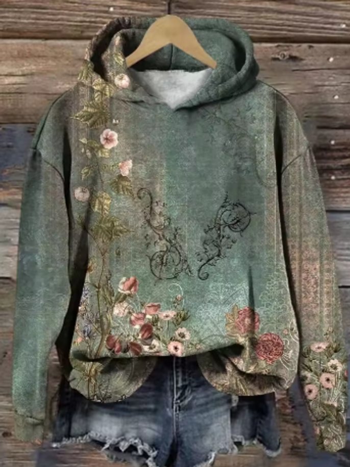 Women's Floral Print Oversized Hooded Knit Sweater