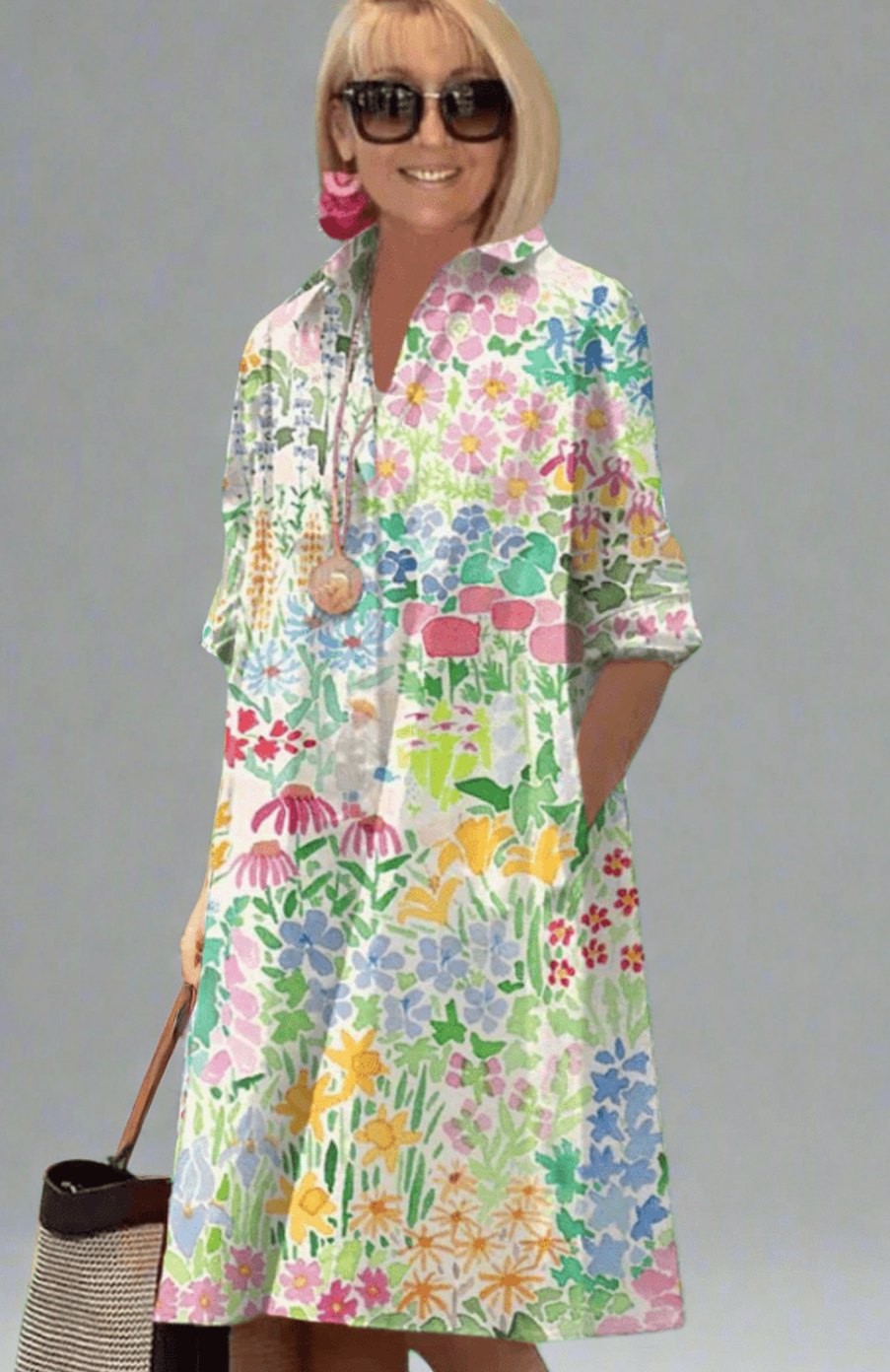 Women's Floral Print Relaxed-Fit Midi Oversized Dress - Multicolored Floral