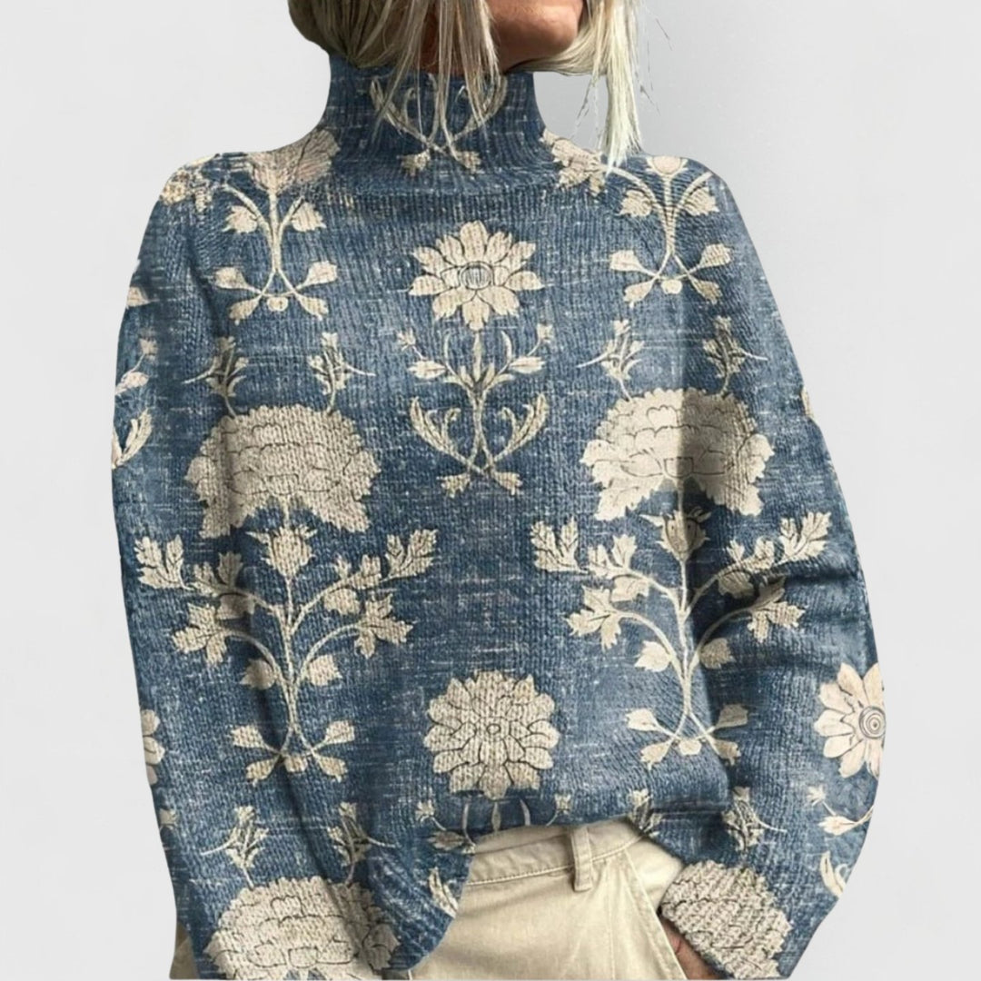 Women's Floral Print Relaxed-Fit Turtleneck Knit Sweater - Light Blue