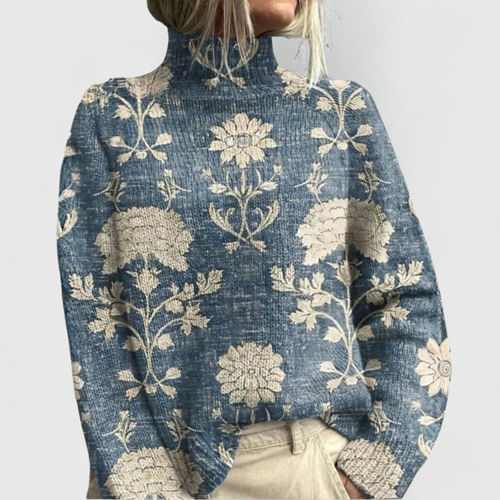 Women's Floral Print Relaxed-Fit Turtleneck Knit Sweater - Light Blue