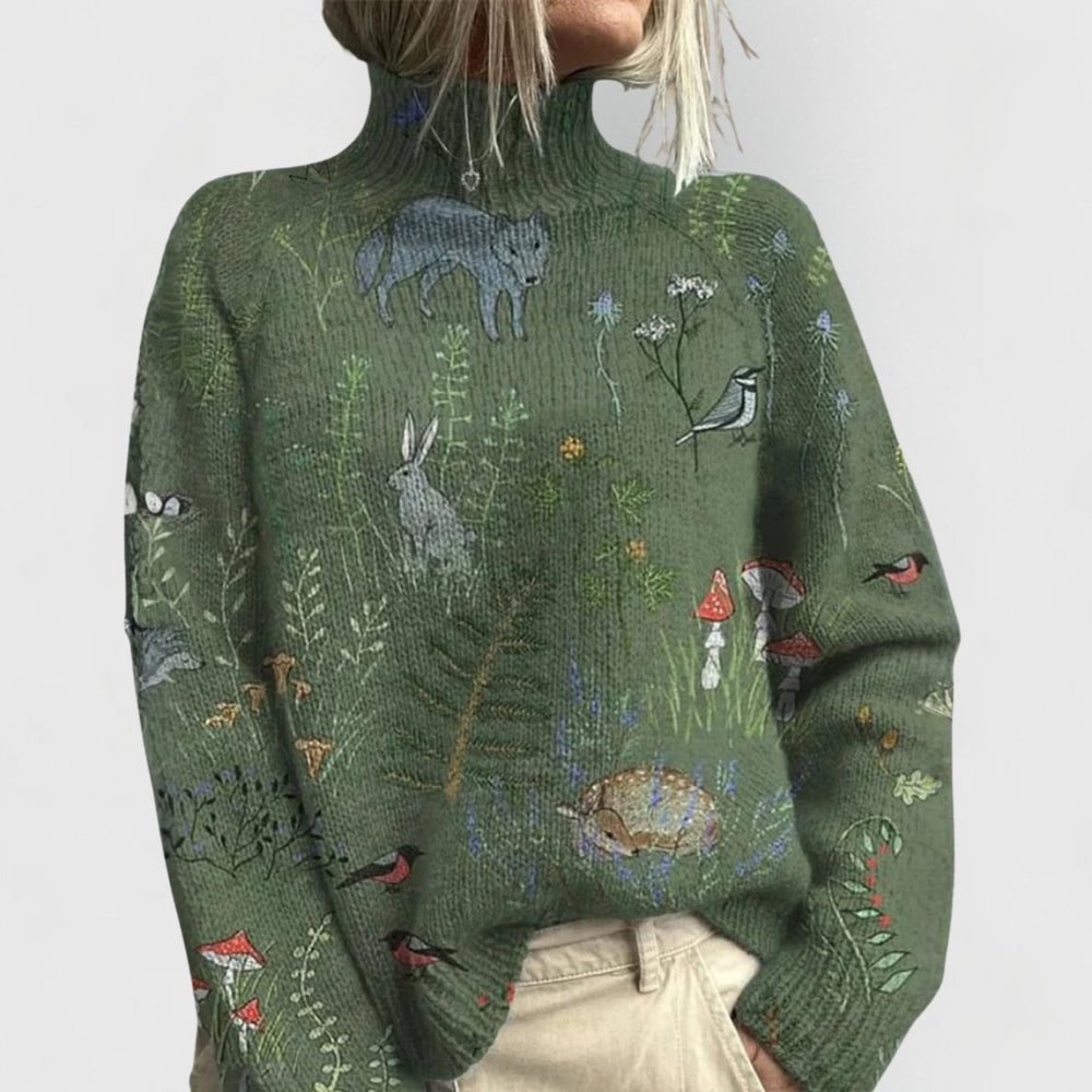 Women's Floral Print Relaxed-Fit Turtleneck Knit Sweater - Green
