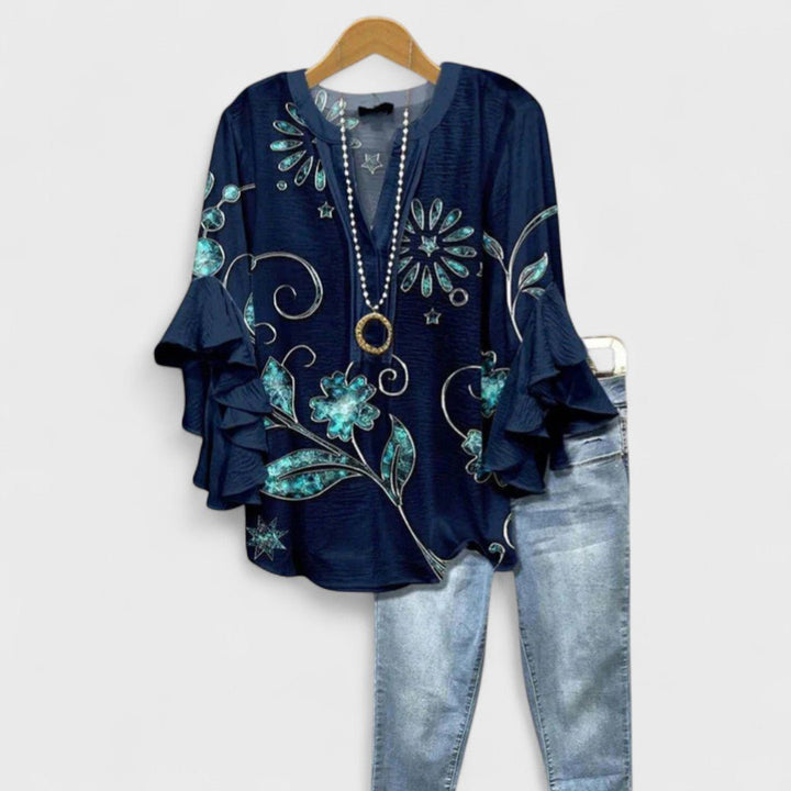 Women's Floral Print Ruffle-Sleeve V-Neck Lightweight Blouse - Dark Blue