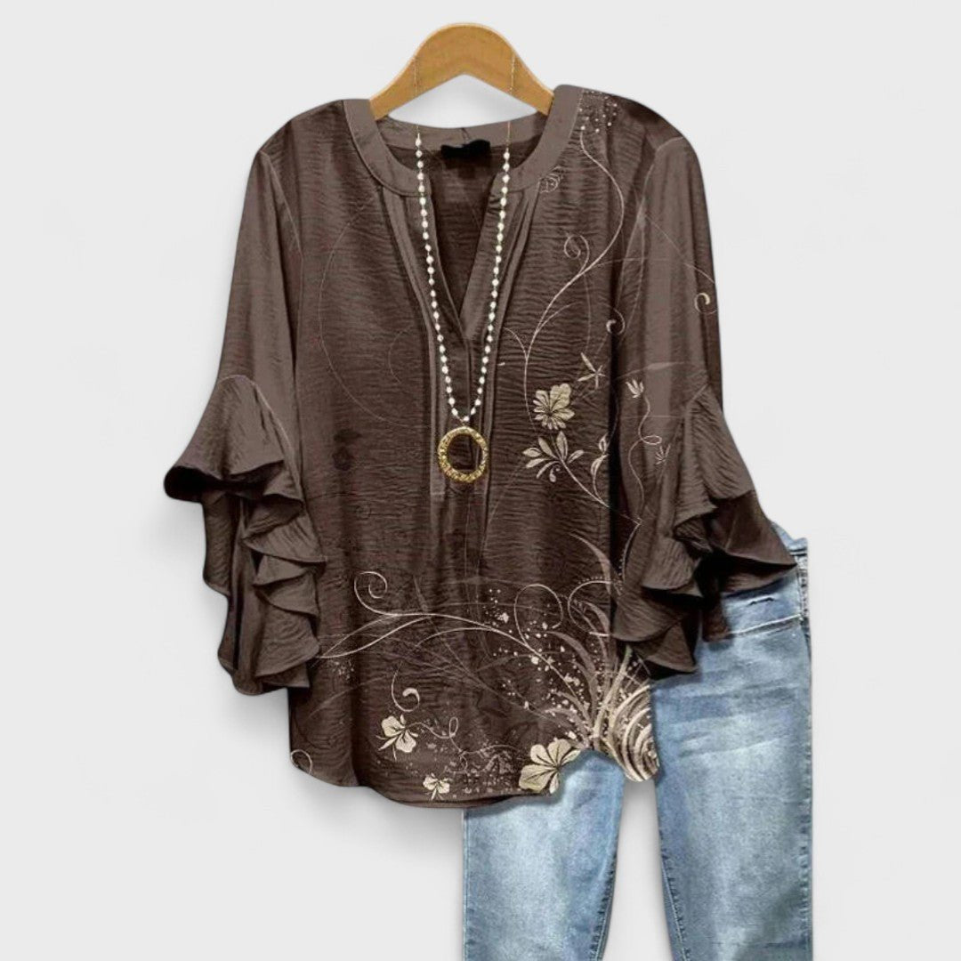 Women's Floral Print Ruffle-Sleeve V-Neck Lightweight Blouse - Brown