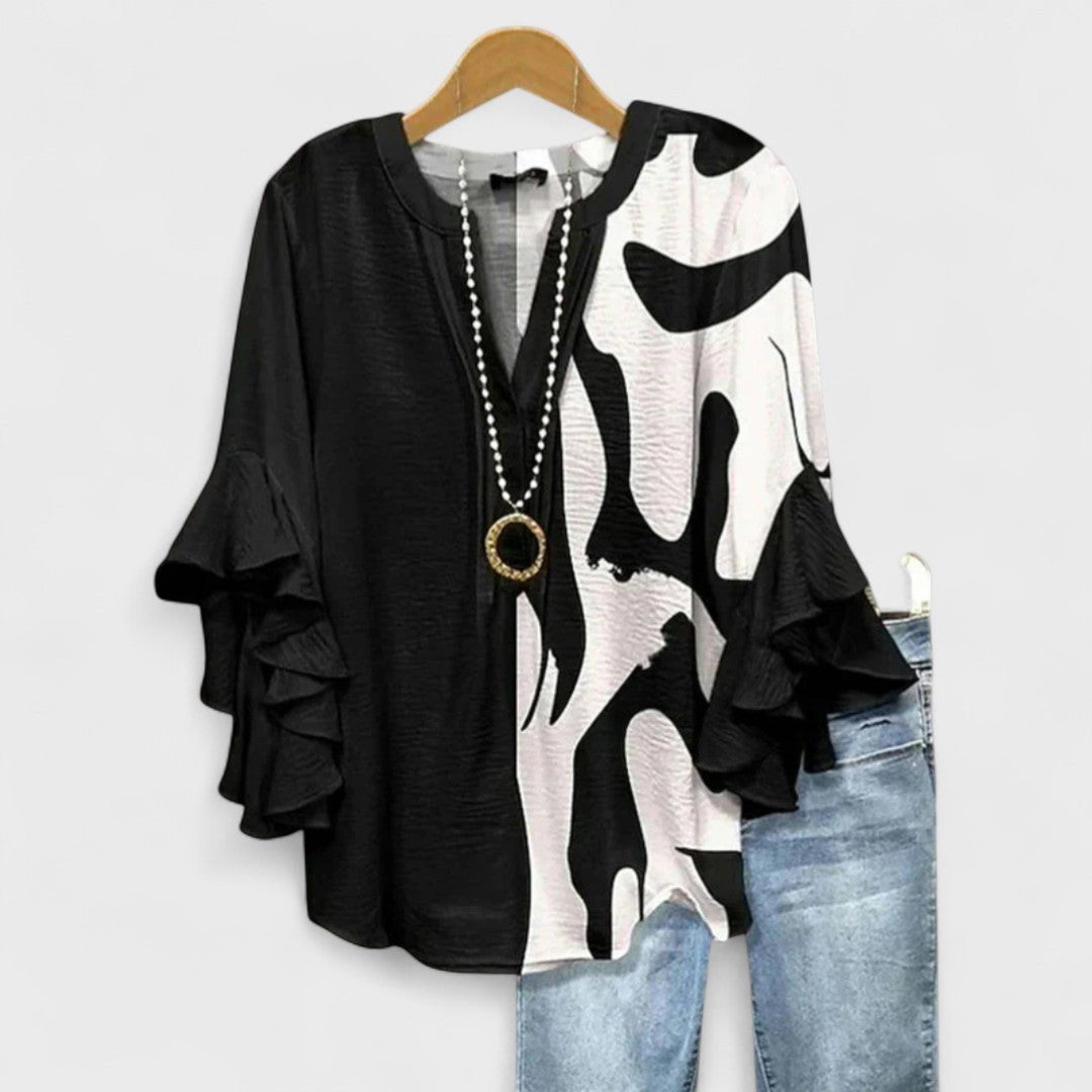 Women's Floral Print Ruffle-Sleeve V-Neck Lightweight Blouse - Black