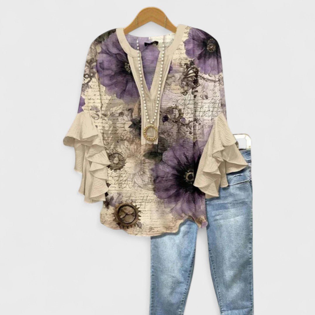 Women's Floral Print Ruffle-Sleeve V-Neck Lightweight Blouse - Beige