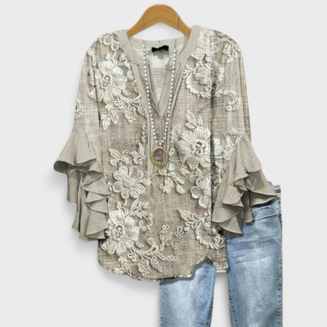 Women's Floral Print Ruffle-Sleeve V-Neck Lightweight Blouse - Light Brown