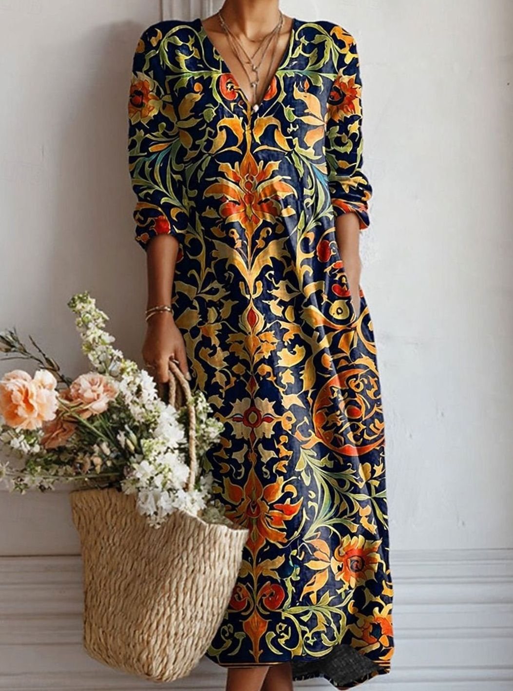 Women's Floral Print V-Neck Long Sleeve Dress Relaxed Maxi - Dress