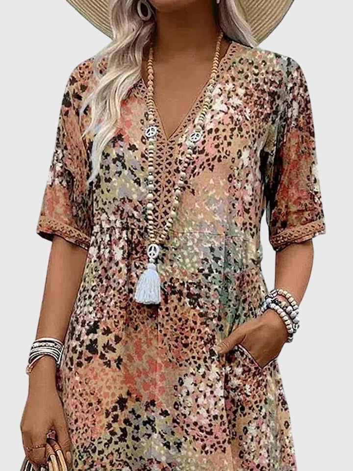 Women's Floral Print V-Neck Short-Sleeve Midi Swing Dress