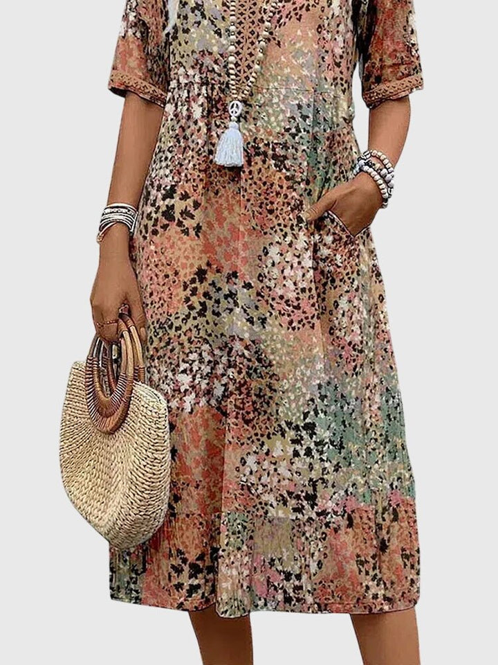 Women's Floral Print V-Neck Short-Sleeve Midi Swing Dress