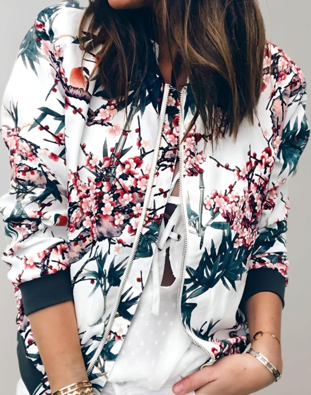 Women's Floral Print Zip-Up Bomber Jacket - White