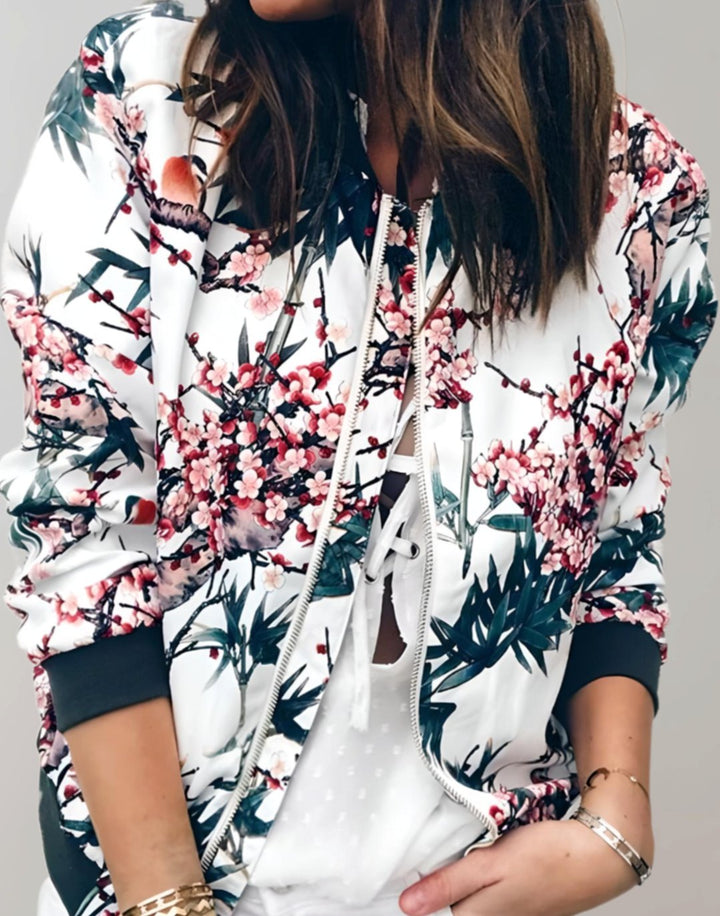 Women's Floral Print Zip-Up Bomber Jacket - White