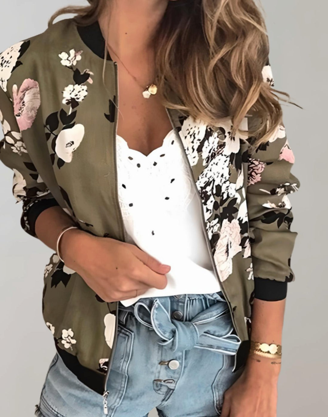 Women's Floral Print Zip-Up Bomber Jacket - Army Green