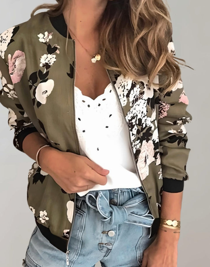 Women's Floral Print Zip-Up Bomber Jacket - Army Green