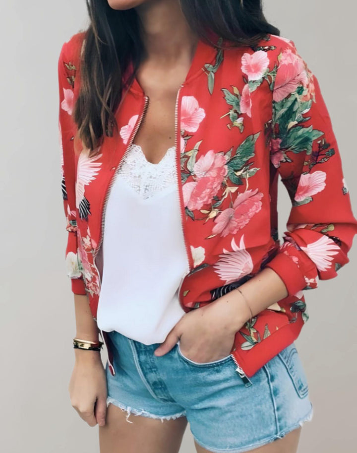 Women's Floral Print Zip-Up Bomber Jacket - Red
