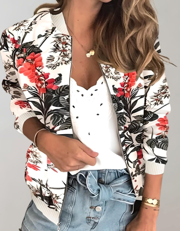 Women's Floral Print Zip-Up Bomber Jacket - White Floral