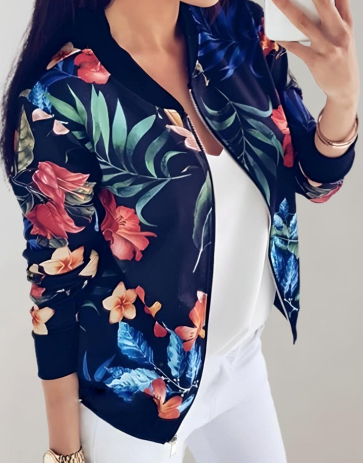 Women's Floral Print Zip-Up Bomber Jacket - Blue
