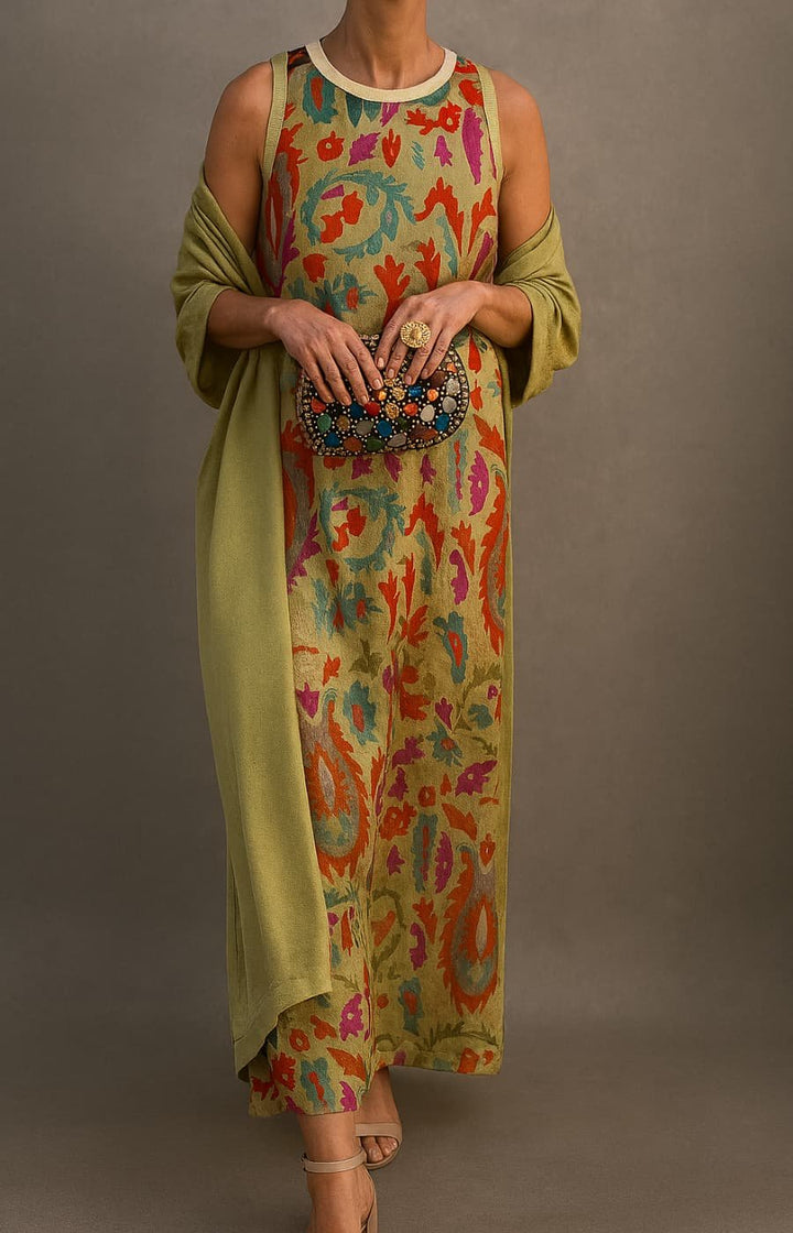 Women's Floral Printed Sleeveless Maxi Dress Shawl Set - Green