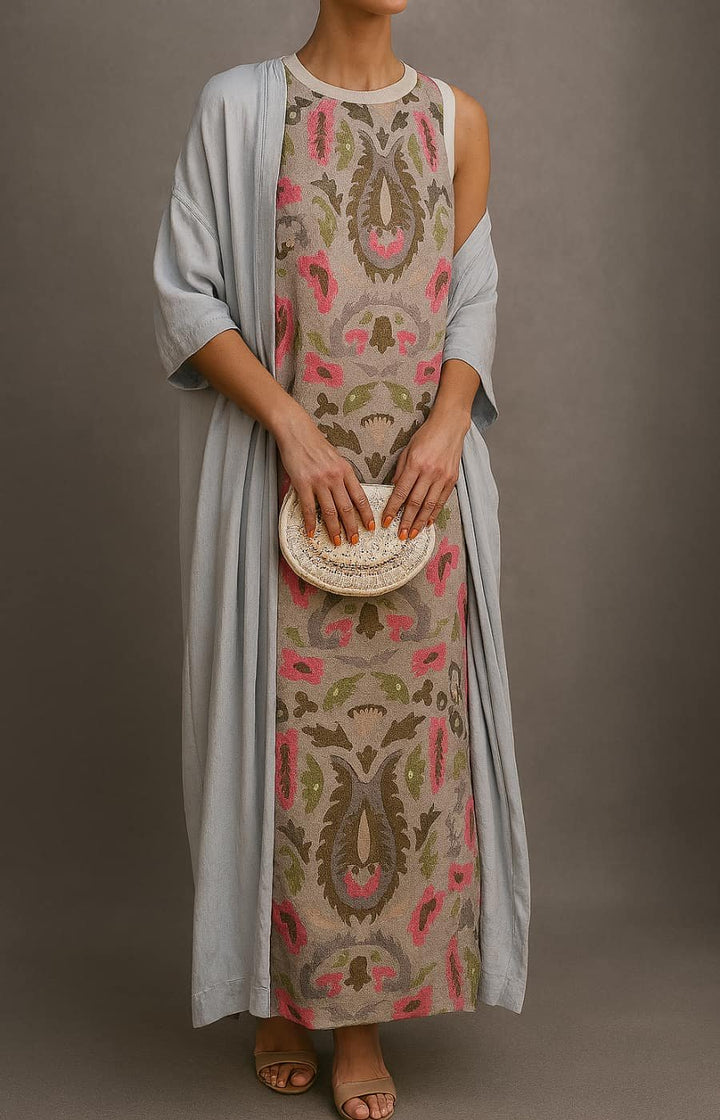 Women's Floral Printed Sleeveless Maxi Dress Shawl Set - Khaki
