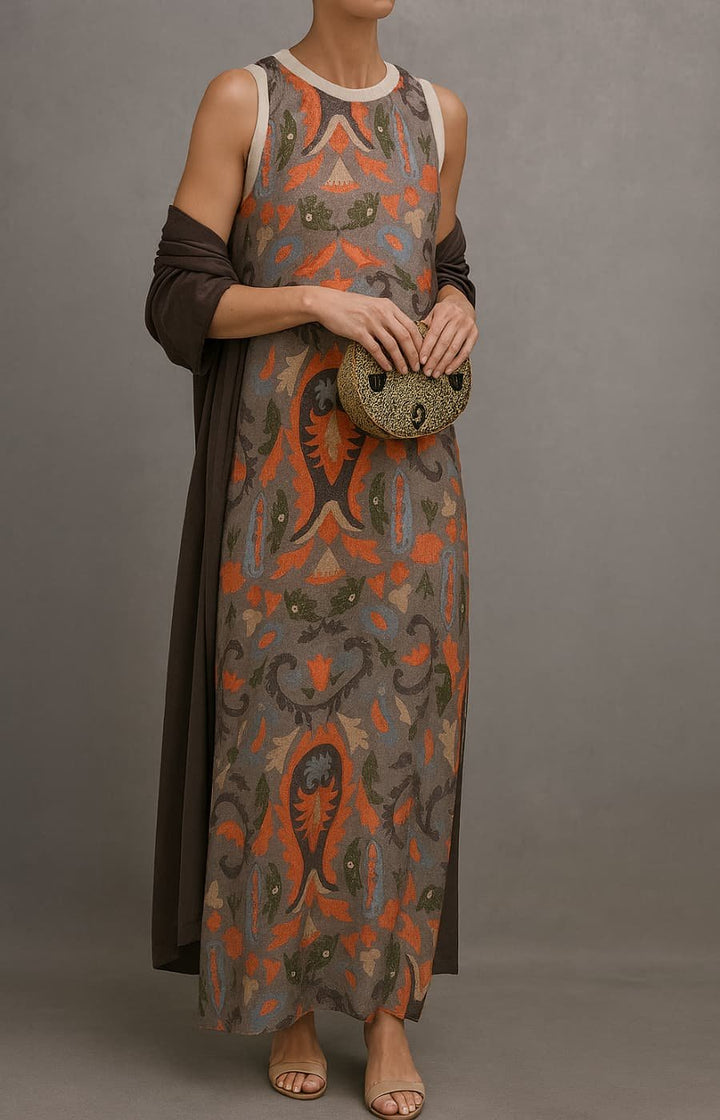 Women's Floral Printed Sleeveless Maxi Dress Shawl Set - Gray