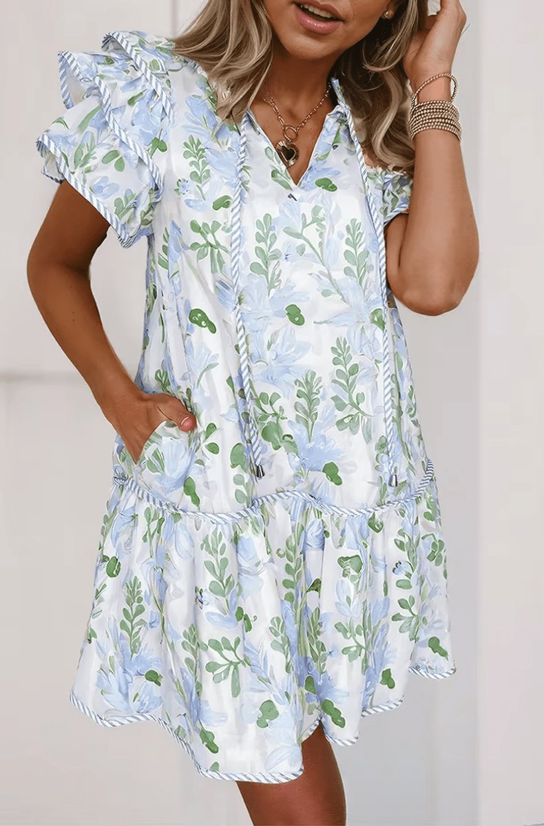 Women's Floral Puff-Sleeve Tie-Neck Relaxed Mini Dress - Blue