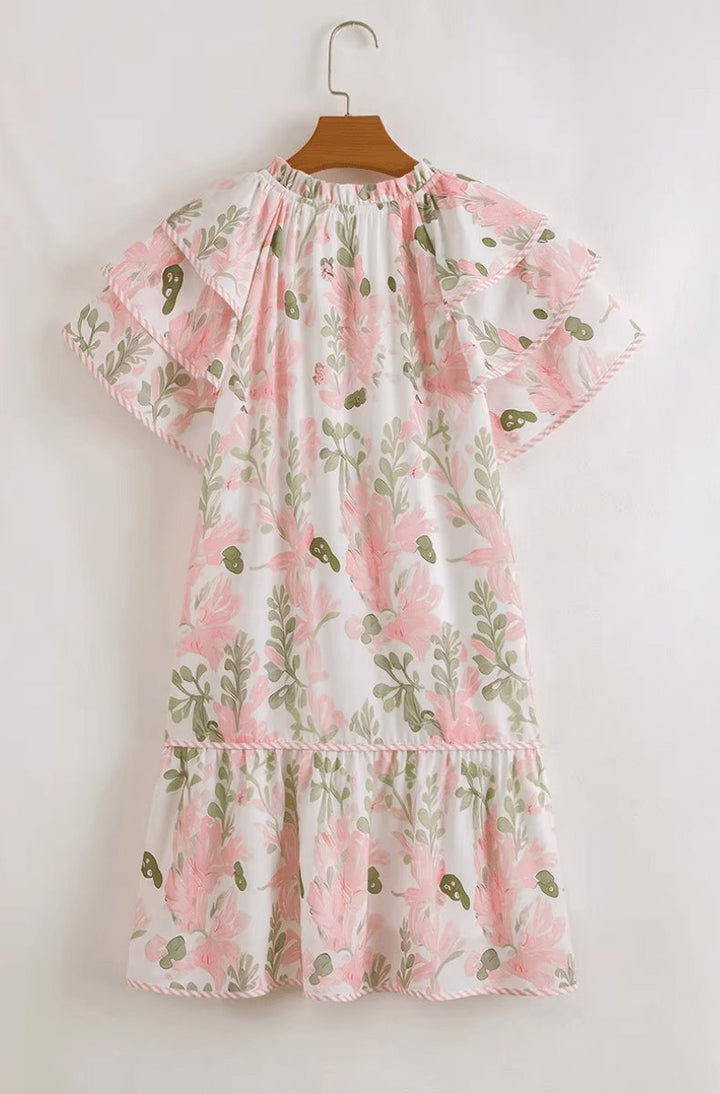 Women's Floral Puff-Sleeve Tie-Neck Relaxed Mini Dress