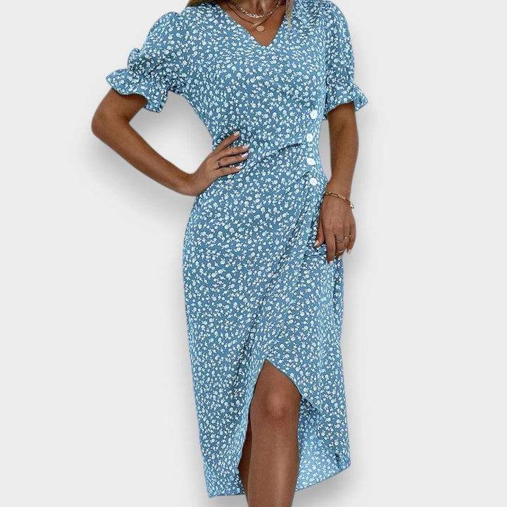 Women's Floral Puff-Sleeve V-Neck Button-Front Midi Dress
