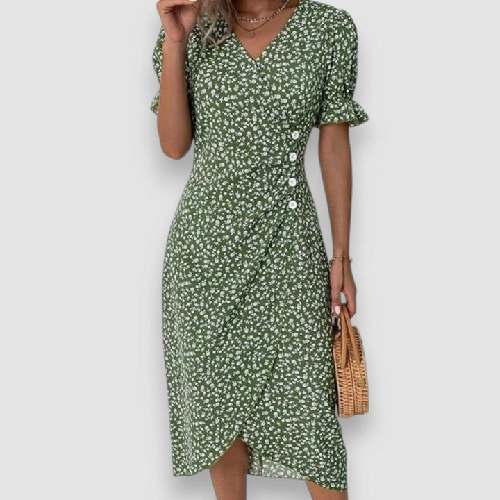 Women's Floral Puff-Sleeve V-Neck Button-Front Midi Dress - Green