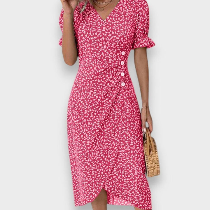 Women's Floral Puff-Sleeve V-Neck Button-Front Midi Dress - Red