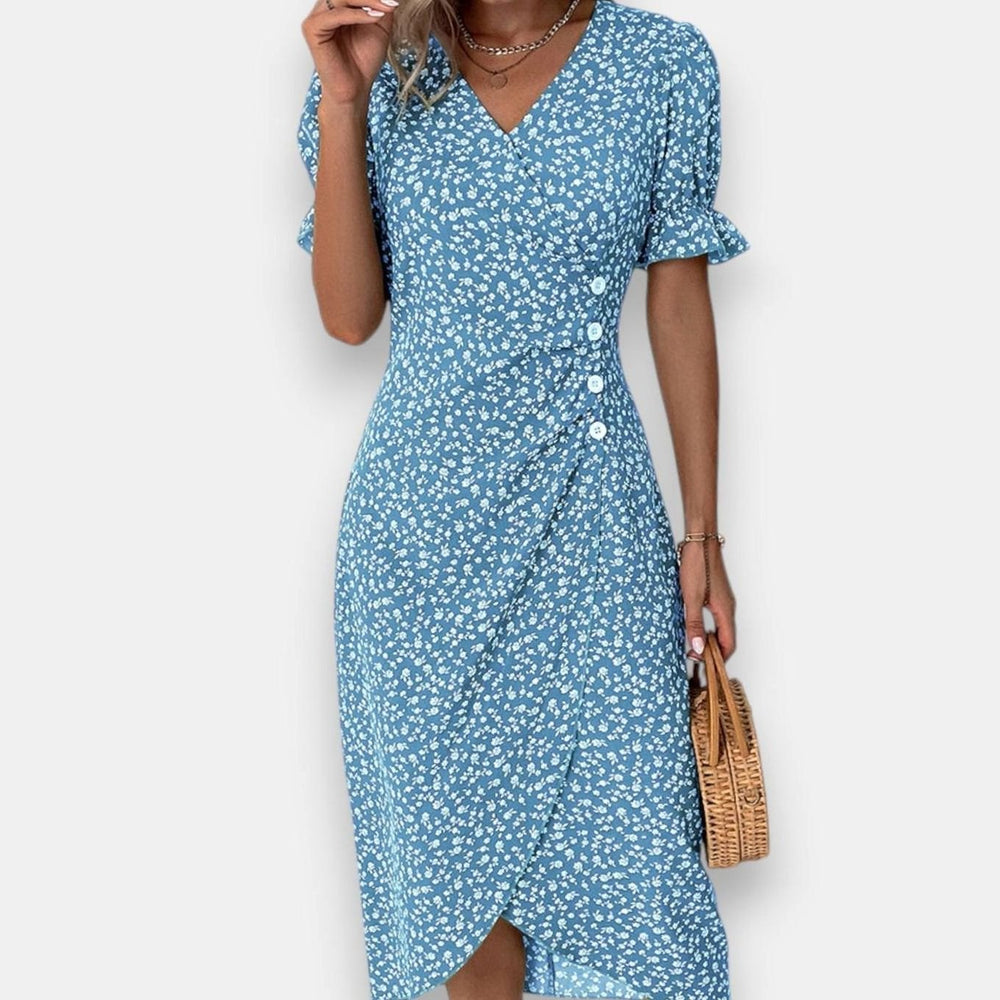 Women's Floral Puff-Sleeve V-Neck Button-Front Midi Dress