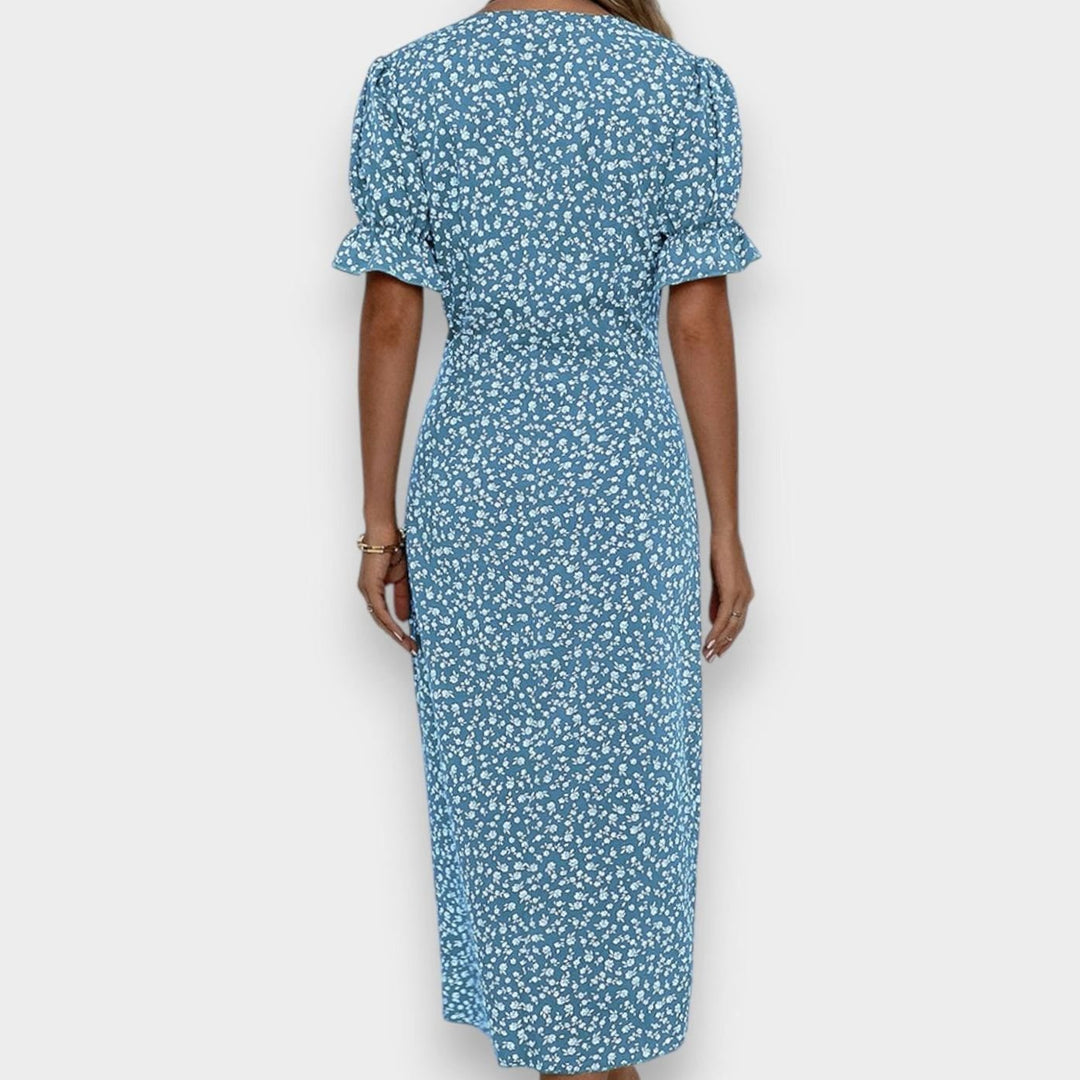 Women's Floral Puff-Sleeve V-Neck Button-Front Midi Dress