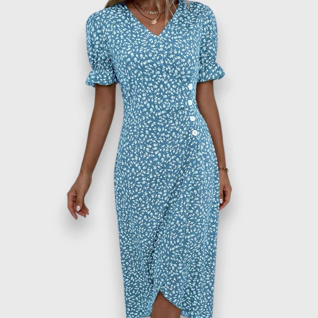 Women's Floral Puff-Sleeve V-Neck Button-Front Midi Dress - Blue