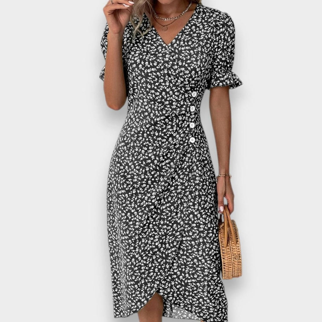 Women's Floral Puff-Sleeve V-Neck Button-Front Midi Dress - Black