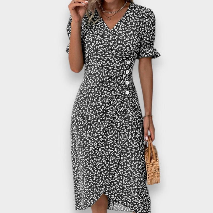 Women's Floral Puff-Sleeve V-Neck Button-Front Midi Dress - Black