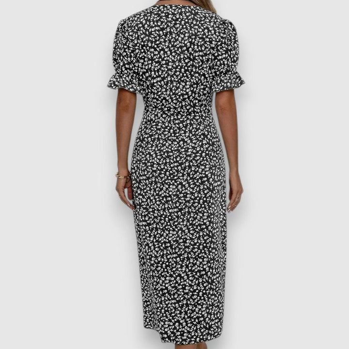Women's Floral Puff-Sleeve V-Neck Button-Front Midi Dress