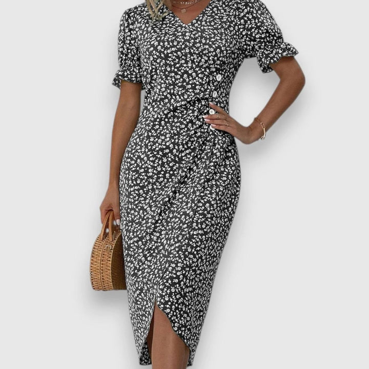 Women's Floral Puff-Sleeve V-Neck Button-Front Midi Dress