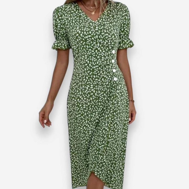 Women's Floral Puff-Sleeve V-Neck Button-Front Midi Dress