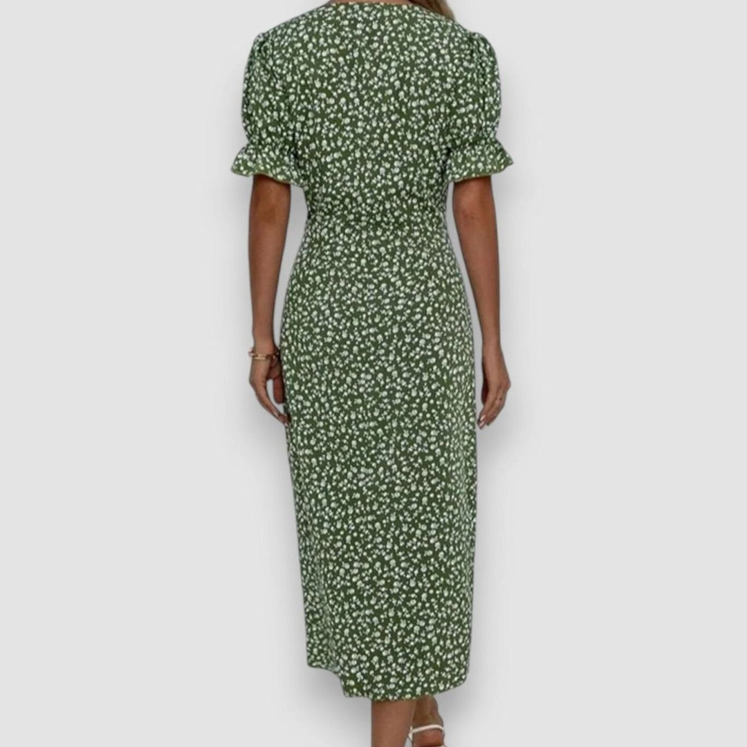 Women's Floral Puff-Sleeve V-Neck Button-Front Midi Dress