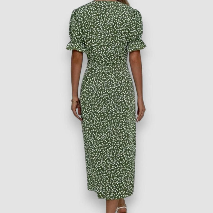 Women's Floral Puff-Sleeve V-Neck Button-Front Midi Dress