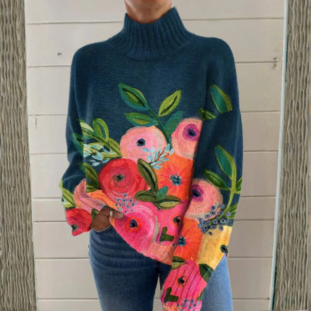 Women's Floral Relaxed-Fit Knit Turtleneck Sweater - Multicolor