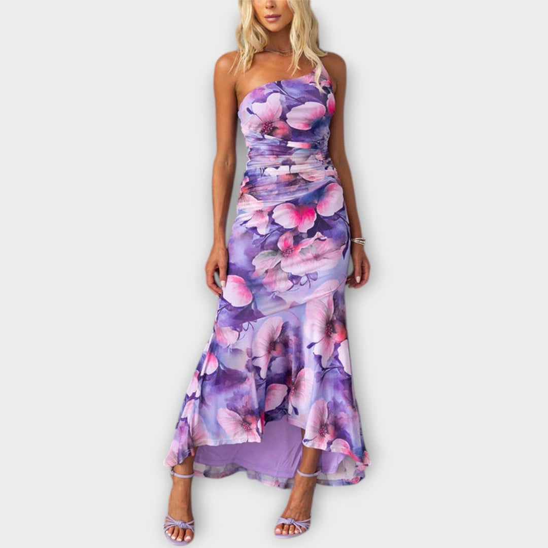 Women's Floral Ruched Asymmetric One-Shoulder Maxi Dress - Purple