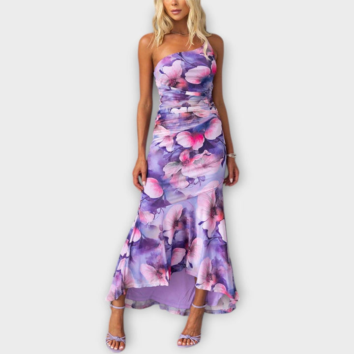 Women's Floral Ruched Asymmetric One-Shoulder Maxi Dress - Purple
