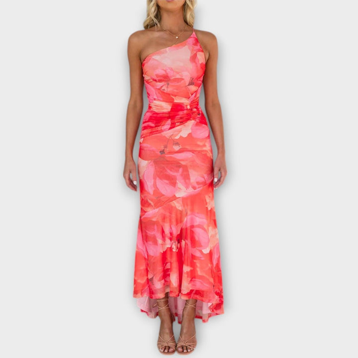 Women's Floral Ruched Asymmetric One-Shoulder Maxi Dress
