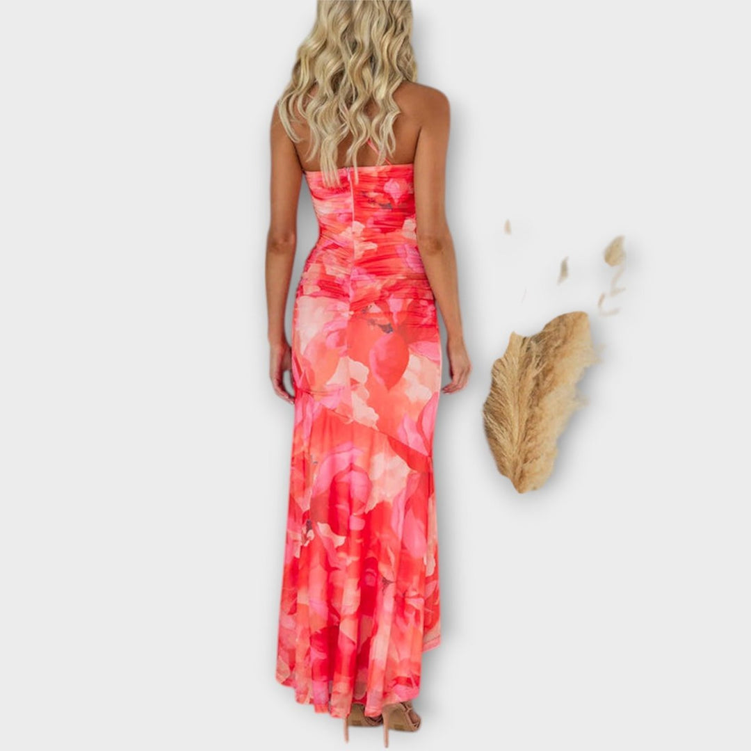 Women's Floral Ruched Asymmetric One-Shoulder Maxi Dress