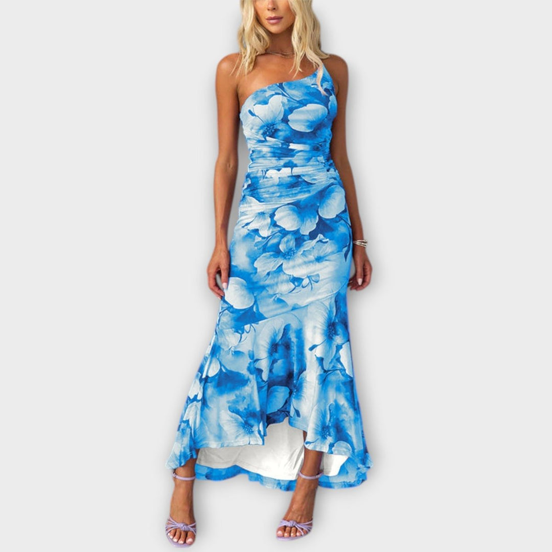 Women's Floral Ruched Asymmetric One-Shoulder Maxi Dress - Blue