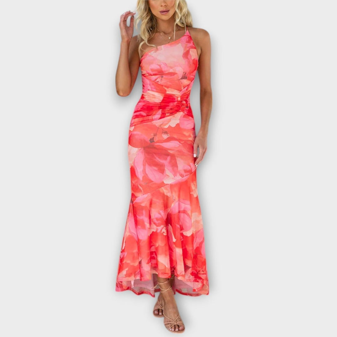 Women's Floral Ruched Asymmetric One-Shoulder Maxi Dress - Pink