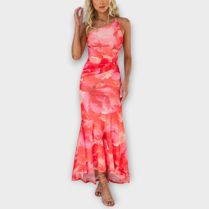 Women's Floral Ruched Asymmetric One-Shoulder Maxi Dress - Pink