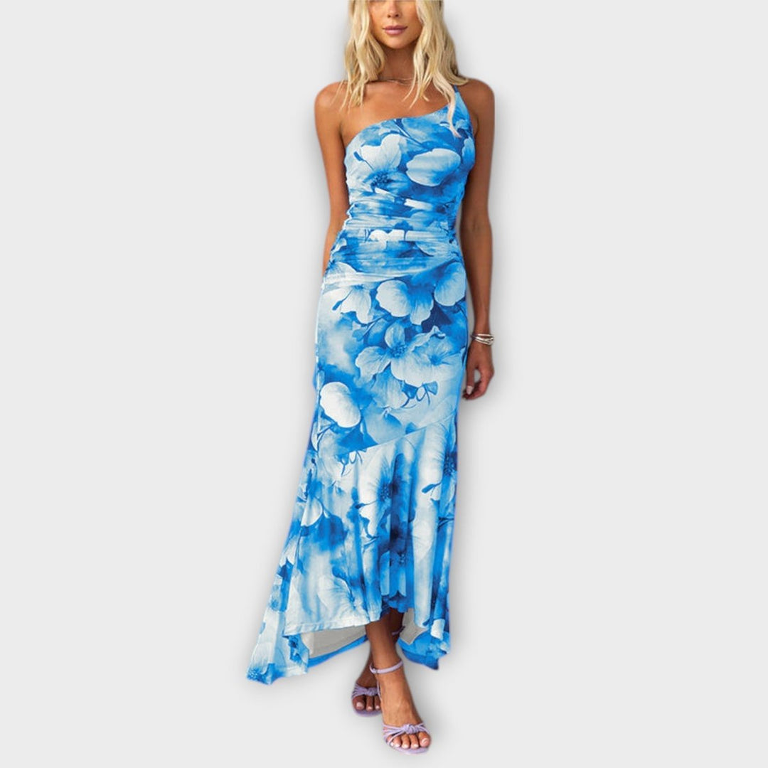 Women's Floral Ruched Asymmetric One-Shoulder Maxi Dress