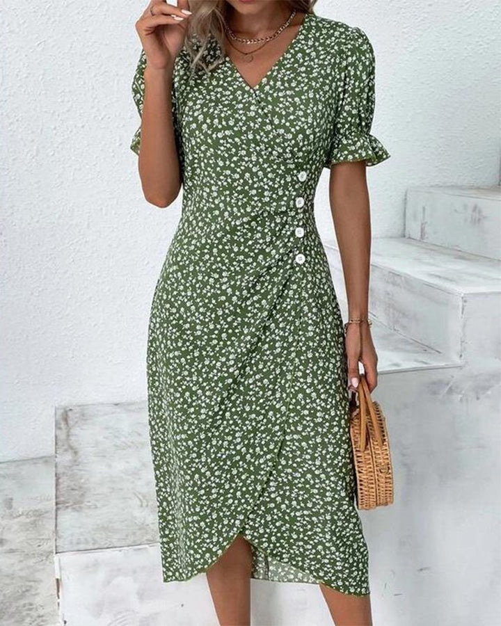 Women's Floral Ruffle-Sleeve V-Neck Midi Wrap Dress - Green